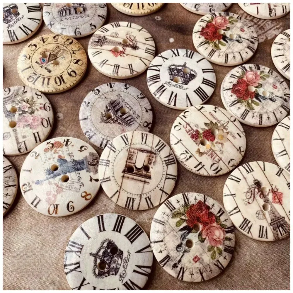 NWT Vintage Shabby Chic Wooden Clock Buttons Floral Crown Lot of 30